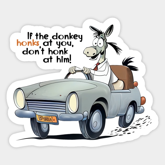 Cartoon donkey at car. Sticker by KOTOdesign